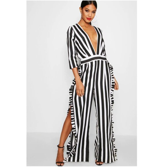 NWT- Boohoo Black and White Striped Ruffle Slit Leg Jumpsuit - Picture 1 of 9